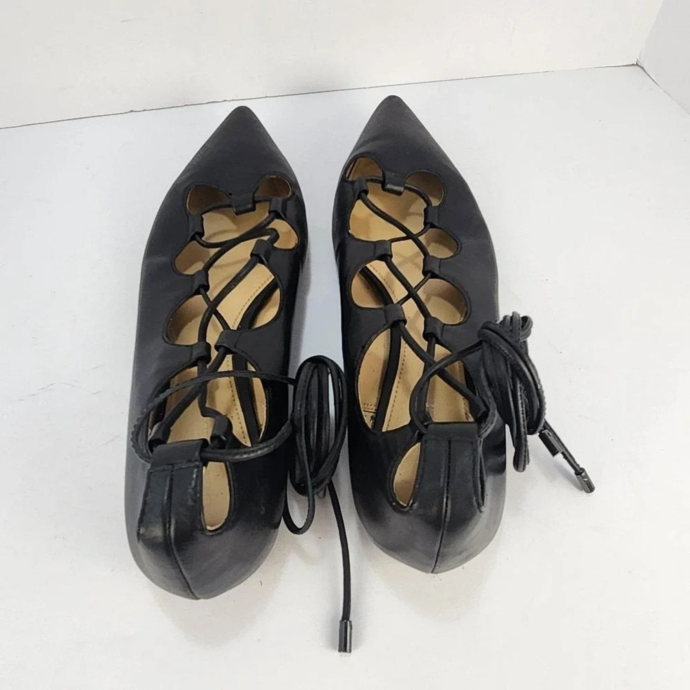 Coach Women's 8.5B Black Leather Pointed Toe Lace-Up Ballet Flats Ankle Wrap